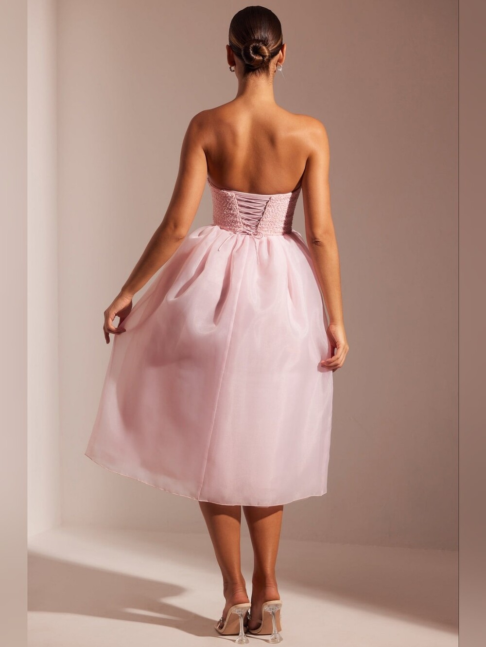 Strapless Pink Midi Dress with Textured Bodice - Picture 2 of 8